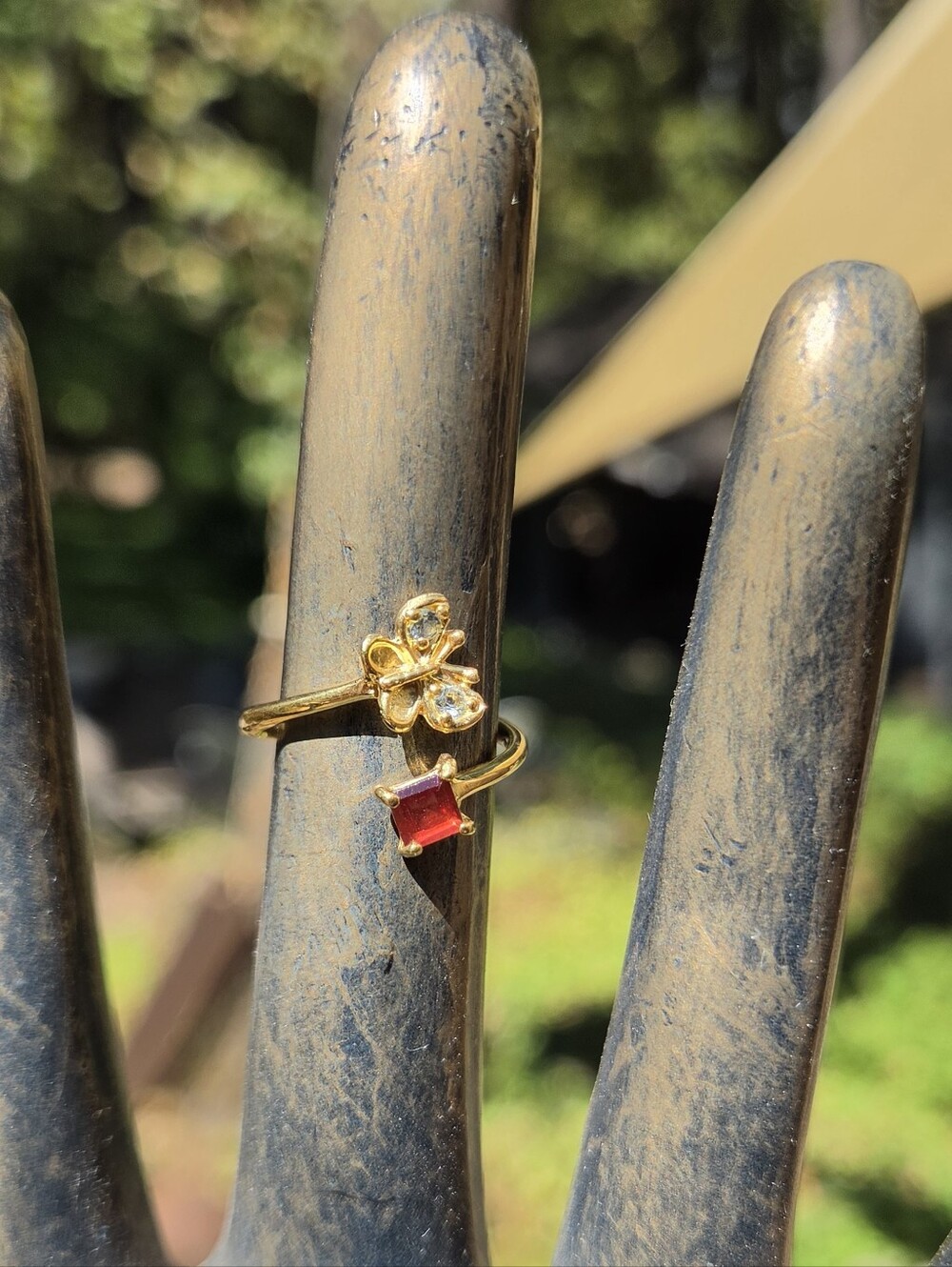 Garnet & Topaz Natural Gemstone Butterfly Sterling & Gold Ring Sz6.5 Adjustable - Picture 6 of 8